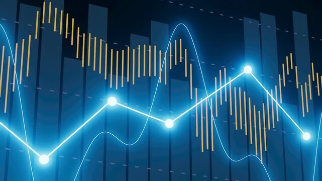 The display shows a data visualization with lines and bar charts representing various trends. The blue background highlights the patterns in the data.