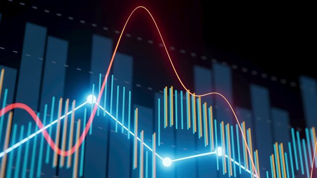 Graphs and charts display market trends with varying line and bar formats. The background is dark, highlighting the data clearly. This scene represents financial analysis.