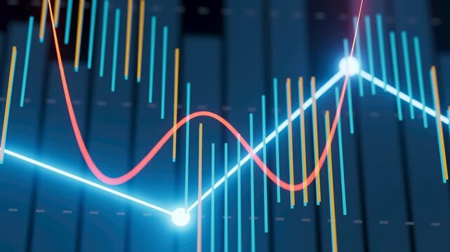 A display of market trends shows various data points in a financial analysis environment. Lines and bars represent changes in values over time.