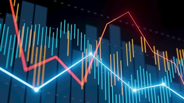 A display of colorful graphs shows various trends in data with lines and bars representing changes over time. The data includes blue, red, and yellow elements.