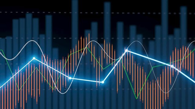 Graphs show stock market performance with lines and bars in various colors. Data represents trends in trading activity over a specific time period.