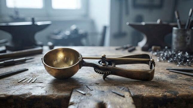 Vintage brass scoop on workshop workbench