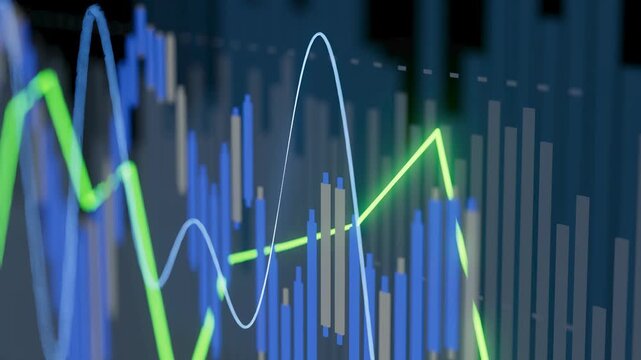 Data visualization displays stock prices over time in a finance setting. The chart includes multiple lines and bars representing changes in value.