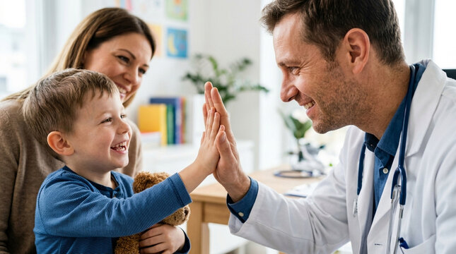 Doctor giving a high five to happy child with mother in examination room