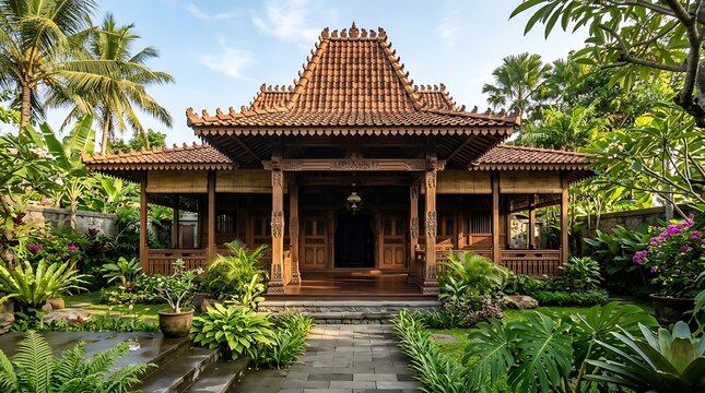Traditional Indonesian Wooden House Architecture with Tropical Garden Landscape in Bali for Travel Tourism and Vacation Concept