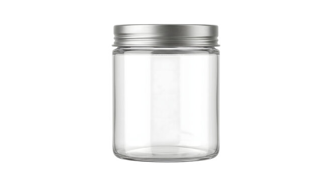 Empty glass jar with screw metallic lid on transparent background