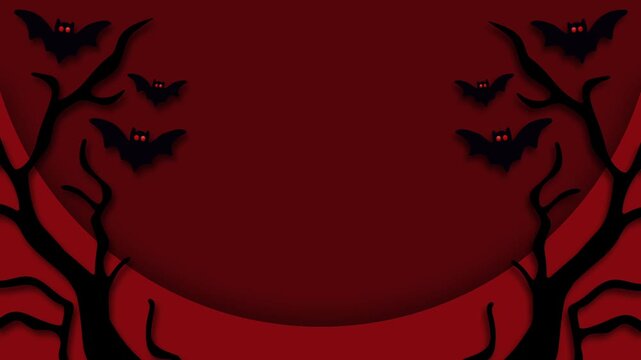 Spooky Pixel Art Halloween Background Loop with Flying Bats and Bare Trees Silhouette Red Night Sky.