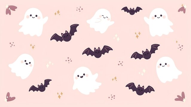 Cute halloween pattern with smiling ghosts and flying bats on a soft pink background