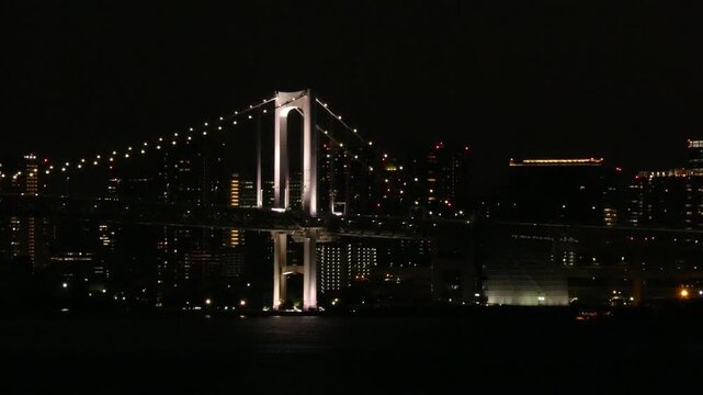 (Night view) Footage of the Rainbow Bridge in Minato City, Tokyo, panning from right to left.