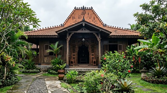 Traditional Javanese Wooden House with Tiled Roof Surrounded by Lush Tropical Garden and Greenery for Cultural Travel and Tourism