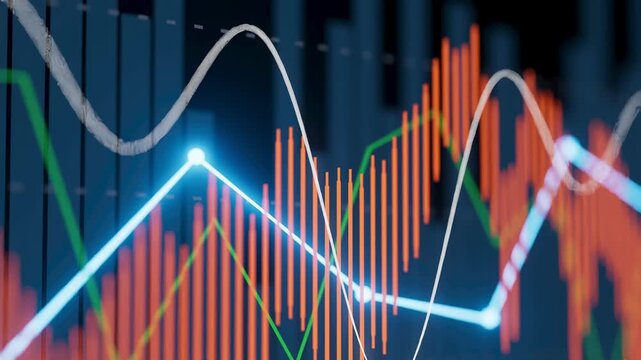 This scene displays a colorful graph with various lines and bars that represent data trends. The colors include blue, orange, and green. The graph is designed for analysis.