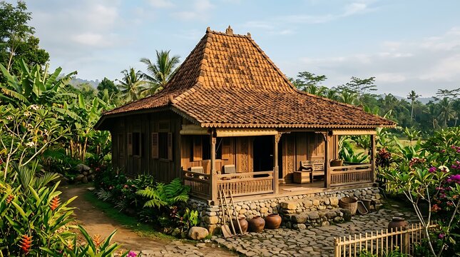 Traditional Wooden House with Pyramid Roof Surrounded by Lush Tropical Greenery and Palm Trees in Rural Indonesia for Travel and Culture
