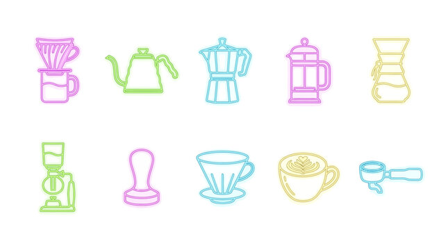 Neonstyle line art icons of ten coffee brewing tools and accessories arranged in two horizontal rows