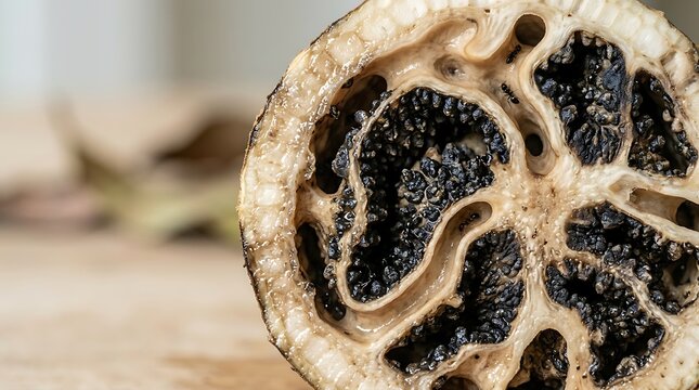 A close up view of a fresh black sapote fruit cut in half showing the dark pulp and seeds inside on a wooden table in a bright kitchen setting for healthy vegan food photography shots