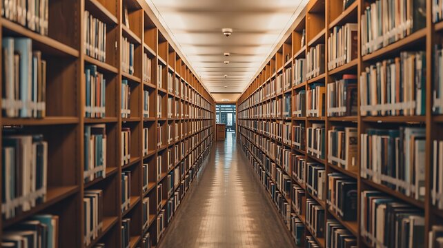 Long Library Corridor with Bookshelves and Books, Knowledge, Education and Research Concept