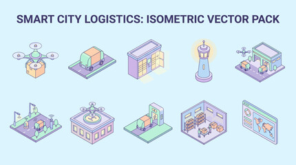 Fototapeta premium An isometric set of ten icons depicting smart city logistics drones delivery vehicles and tracking technology