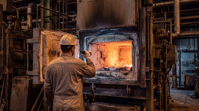 Industrial worker wearing hard hat inspecting deep interior of glowing blast furnace inside metal factory building