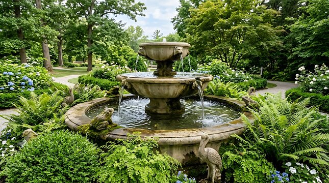 Stone tiered water fountain in a lush green garden setting surrounded by ferns and flowering plants with landscaped park water feature botanical garden ornamental fountain outdoor living outdoors