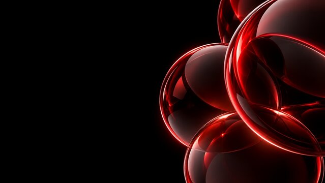 Luxury 3D abstract translucent ruby red glass spheres with glowing crimson neon edges on dark background, modern technology copy space banner