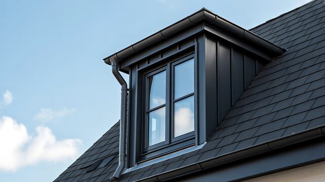 Modern dormer window on a residential roof under blue sky