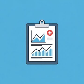 Medical clipboard with statistical charts and health cross symbol on blue background