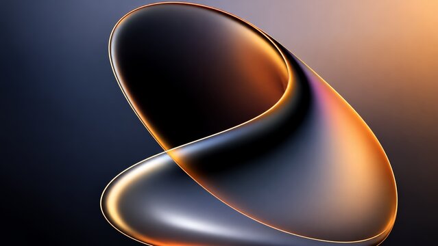 Luxury 3D abstract fluid twisted mobius ring with glowing golden rim and matte titanium surface on dark background, modern technology copy space banner