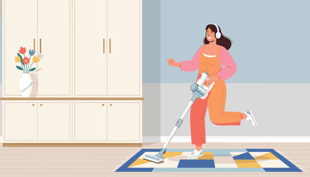 Cheerful girl with headphones dancing and listening to music while cleaning a carpet with a wireless vacuum cleaner.
