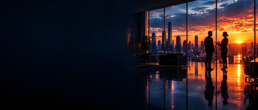 Wide angle shot of business partners executives silhouettes meeting in luxury skyscraper high-rise office facing sunset city skyline, premium corporate planning strategy and investments background 