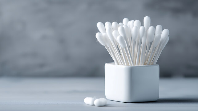 White cotton swabs in a square holder on a grey surface with copy space