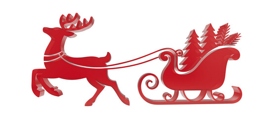 3D Red Christmas Reindeer Pulling Santa Sleigh with Pine Trees Isolated on White Background © SAMIMAAYASH