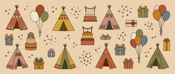 Boho Birthday Party Elements Collection with Teepees and Gifts © Sutreso