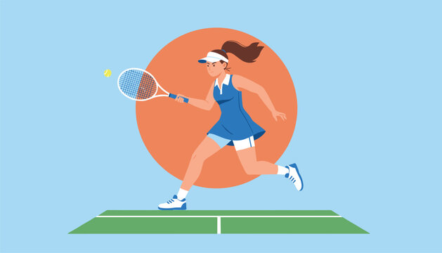 Female athlete playing tennis with a racket on court with stylized sun background, demonstrating active lifestyle and sports concept.