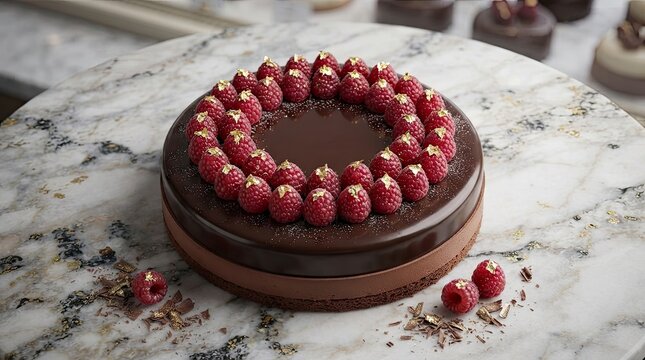 Chocolate raspberry cake with gold leaf on marble