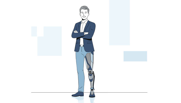 Confident young businessman with a prosthetic leg standing with crossed arms in a modern office environment.