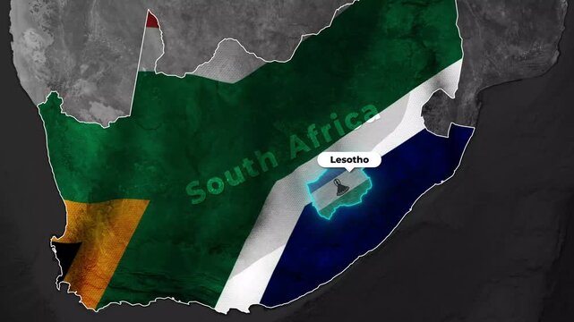 Lesotho Enclave Highlighted inside South Africa Flag Map Animation