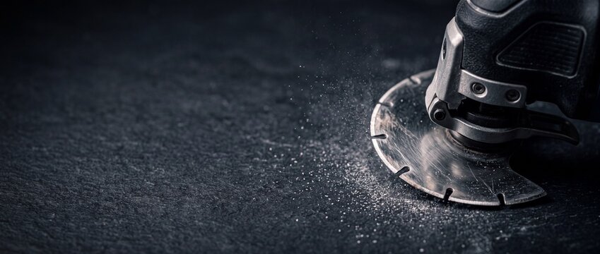 Oscillating multi tool with semi circular diamond blade cutting into dark natural slate stone tile.