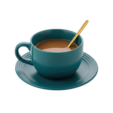 Blue coffee cup with wooden stirrer on saucer