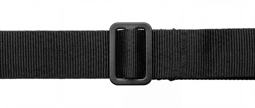 Durable black woven nylon fabric strap with adjustable plastic buckle for outdoor equipment gear.