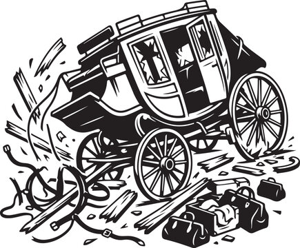 Overturned stagecoach with broken wheel in black illustration