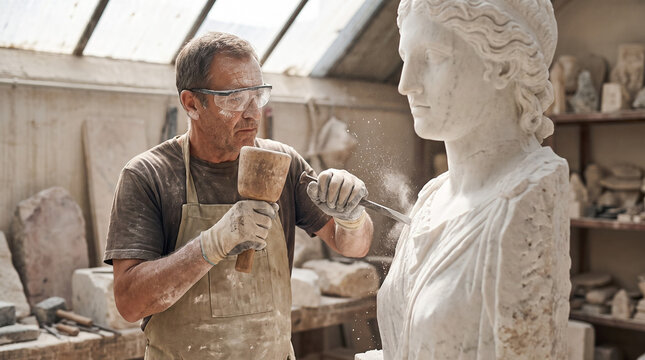 Skilled Sculptor Carving Classical Marble Bust in Traditional Art Workshop