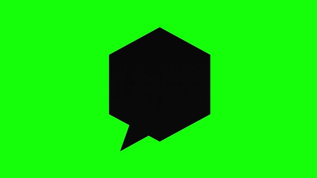 Black speech bubble pop up animation on green screen. Social media chat icon, message notification graphic, UI element, comment box symbol, digital communication visual asset for video editing