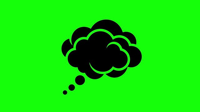Black speech bubble icon animation on green screen, thought cloud illustration with white background, vector graphic design element for communication