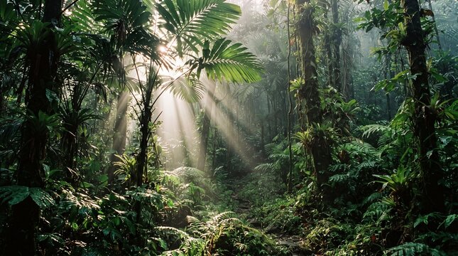 Dense tropical rainforest reveals ethereal morning sunlight piercing through thick canopy foliage and towering jungle trees illuminating lush green vegetation and mist in a pristine wild ecosystem.