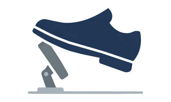 Minimalist side profile icon of a shoe pressing an automotive accelerator pedal with clean flat shapes isolated on white background automotive driving concept