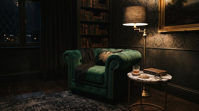 Armchair rests inside a moody vintage study next to a glowing floor lamp and small marble table featuring a book and glass while dark wallpaper and bookshelves create a cozy reading space.