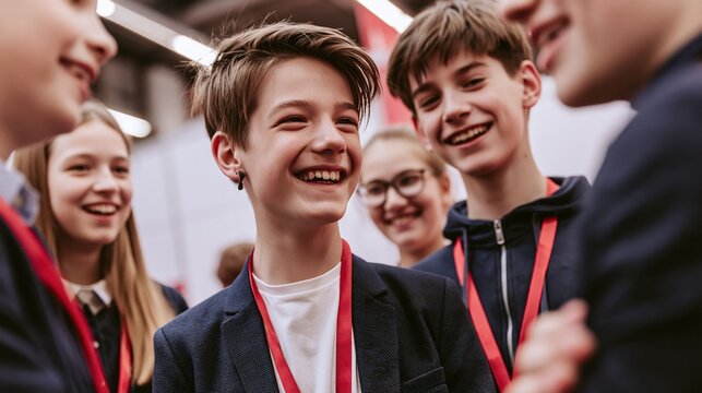 Smiling teenage interns and students wearing lanyards connect at a business fair, gaining work experience, confidence, and social skills.
