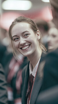 Smiling teenage interns and students wearing lanyards connect at a business fair, gaining work experience, confidence, and social skills.