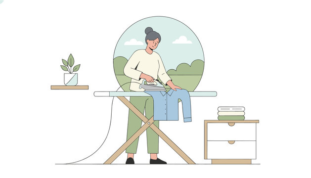 Young woman ironing a blue button-down shirt at home on an ironing board with folded laundry and houseplant.