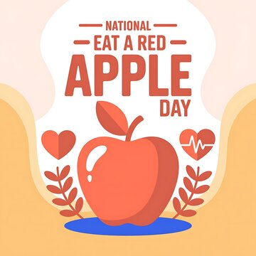 National eat a red apple day illustration with a fresh apple, heart shape, and health pulse icon
