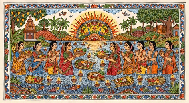Chhath Puja worshippers at sunrise on the river in Madhubani folk art